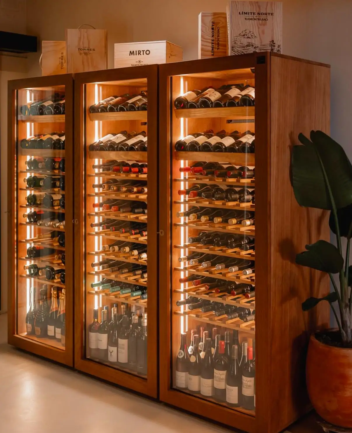 Vinoteca de triple cuerpo con iluminación LED en restaurante de diseño cálido